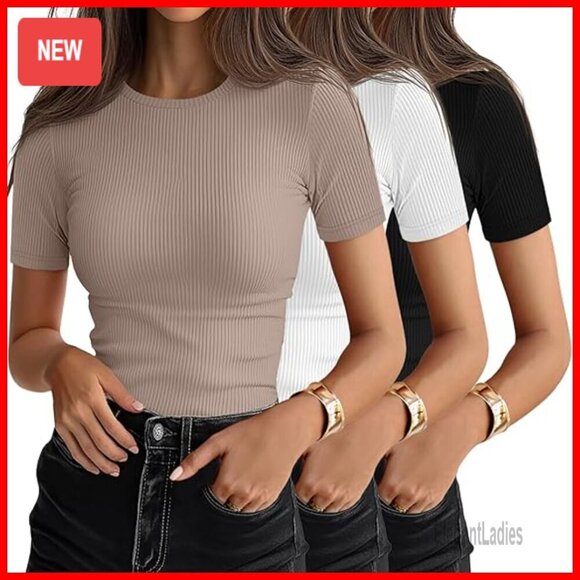 Tops - 3 Pack Slim Fit Ribbed Cotton Tees Short Sleeve Crewneck Tops